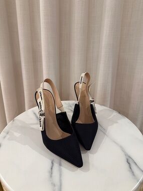 Dior Black Pointed Knit Slingback Pumps with White J'Adior Ribbon